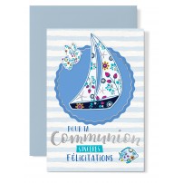 CARNET COM : Voilier, poisson et oiseau fond bleu