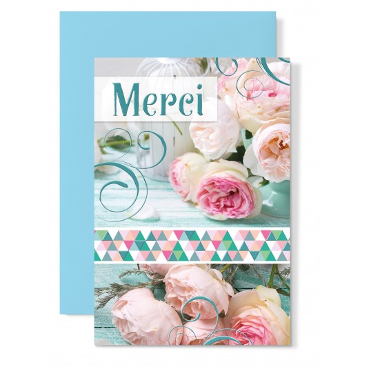 Carte Double Pivoines sur fond vert merci