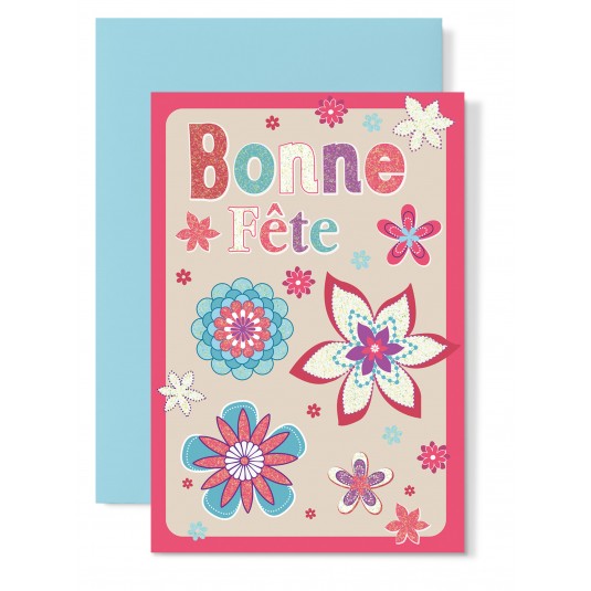 Carte Double Bonne F&ecirc;te Fleurs roses et paillettes