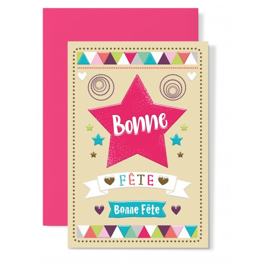 Carte Double Bonne Fête Etoile rose et banderolles