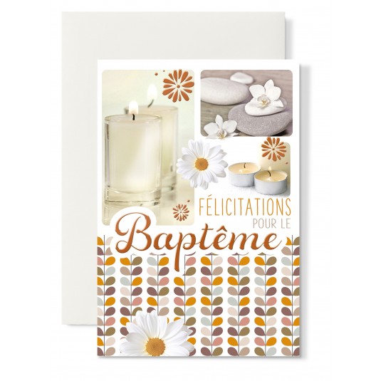 Carte Double Bapteme Bougies et galets orang&eacute;s et gris
