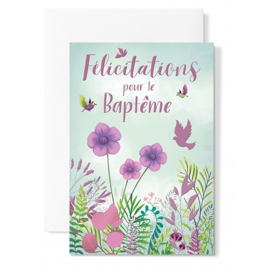 Carte Double Bapteme Fleurs et oiseaux fond vert
