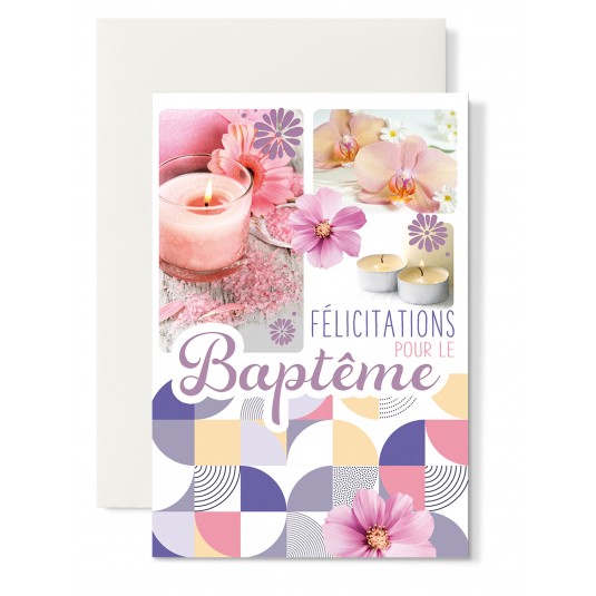 Carte Double Bapteme Bougies et fleurs ros&eacute;es et bleu