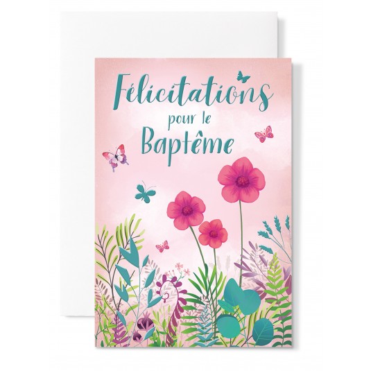 Carte Double Bapteme Fleurs et papillons rosées