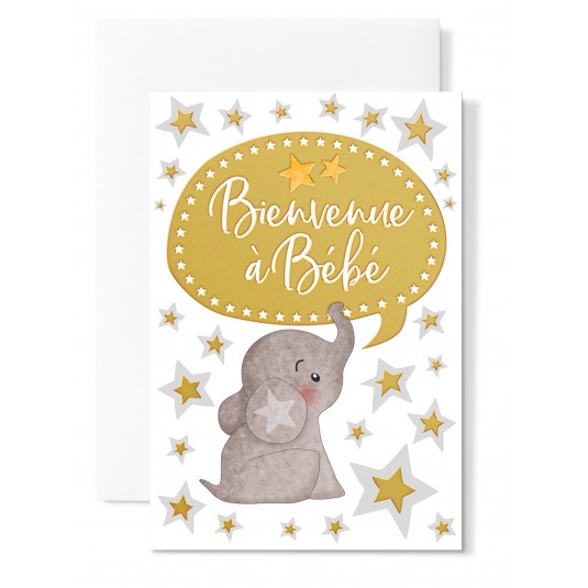 Carte Double Naissance elephanteau &eacute;toiles grises et dor&eacute;es