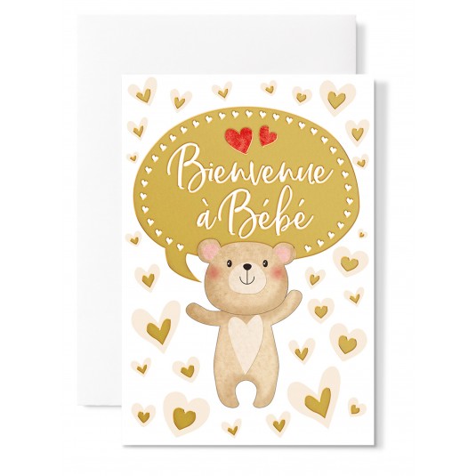 Carte Double Naissance Ours et coeurs dor&eacute;s