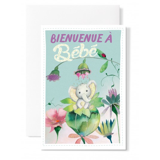 Carte Double Naissance Petit &eacute;l&eacute;phant dans une fleur
