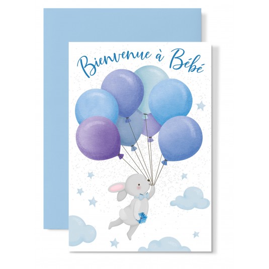Carte Double Naissance Lapin avec ballons bleu