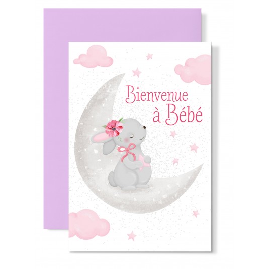 Carte Double Naissance lapin decor rose sur lune