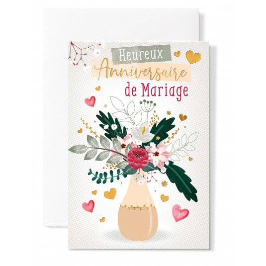 Carte Double Mariage Vase beige fleurs et coeurs