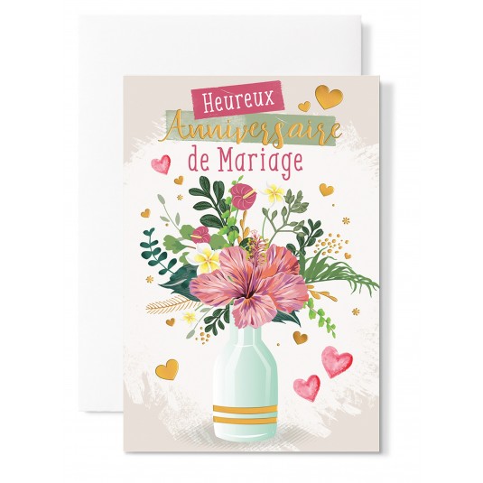 Carte Double Mariage Vase vert fleurs et coeurs