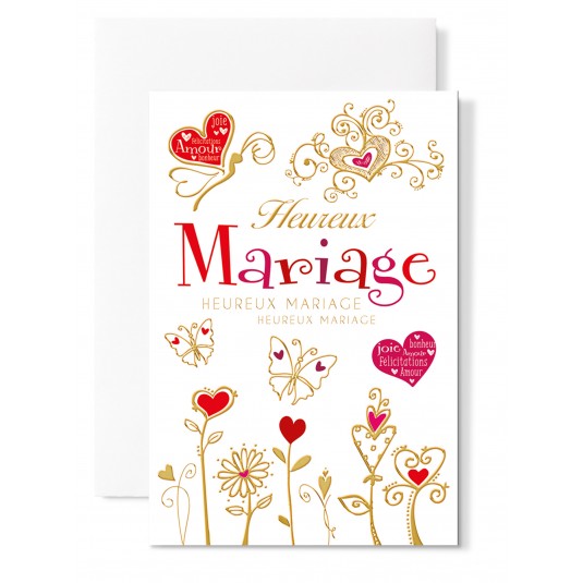 Carte Double Mariage Fleurs et coeurs rouge