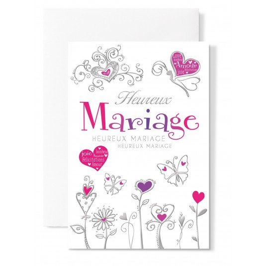 Carte Double Mariage Fleurs et coeurs rose et violet