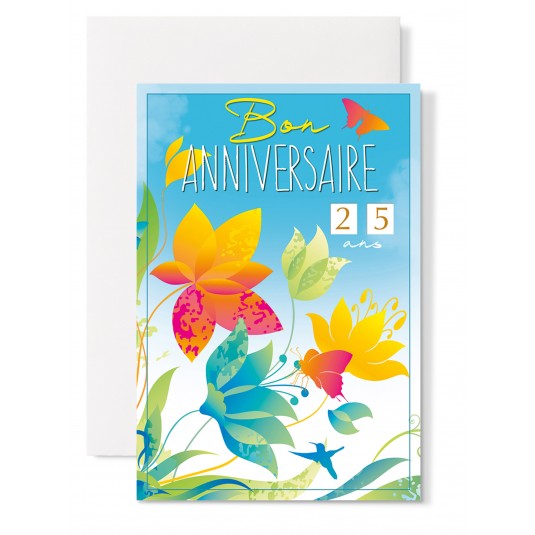 Carte Double Anniversaire Fleurs sur fond bleu