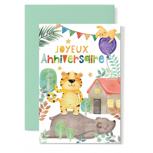 Carte Double Anniversaire Tigre debout sur l'ours