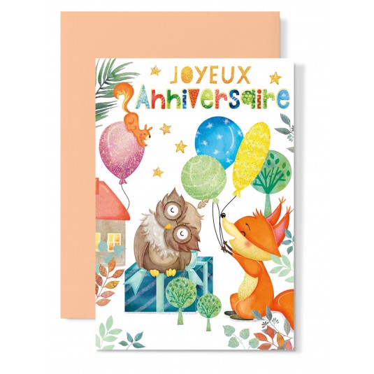 Carte Double Anniversaire Chouette et renard avec ballons