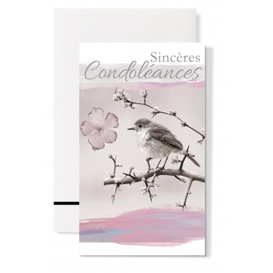 Carte Double Condoléances Oiseau sur une branche fond rosé