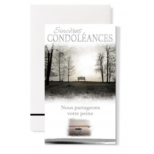 Carte Double Condol&eacute;ances paysage avec banc et radeau