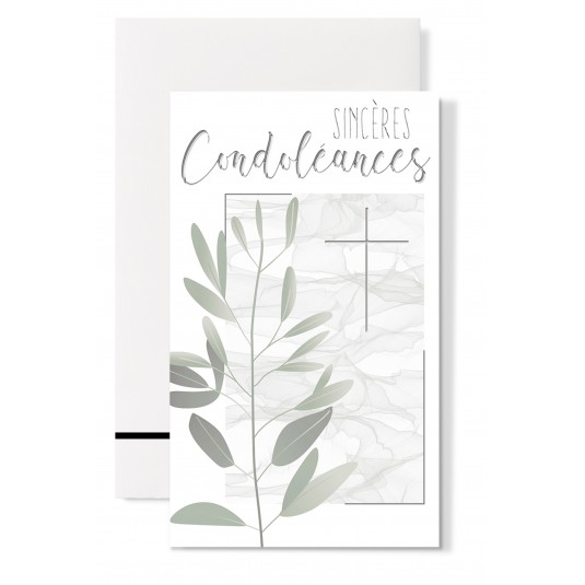 Carte Double Condol&eacute;ances Branche verte et croix