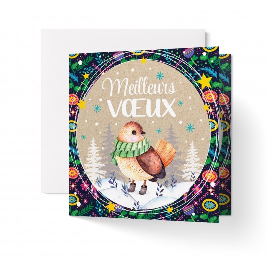 Carte Double Carre Fin D'ann&eacute;e Moineau avec une &eacute;charpe et des bottes