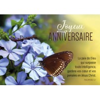 Carte Tb Anniversaire Papillon posé sur des fleurs bleues