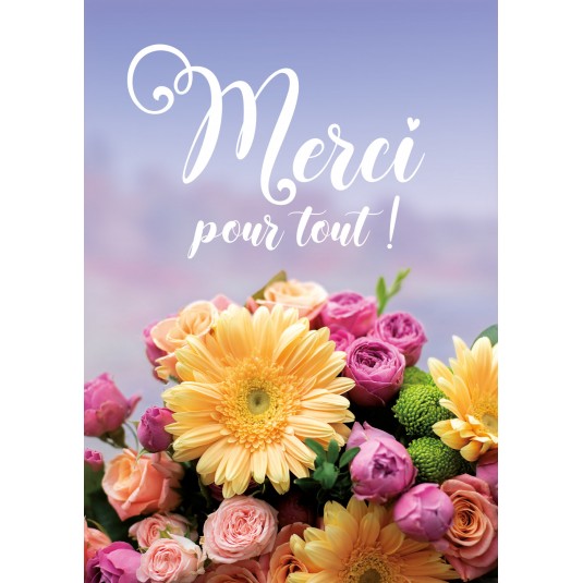 Carte Merci Bouquet de fleurs sur fond bleu