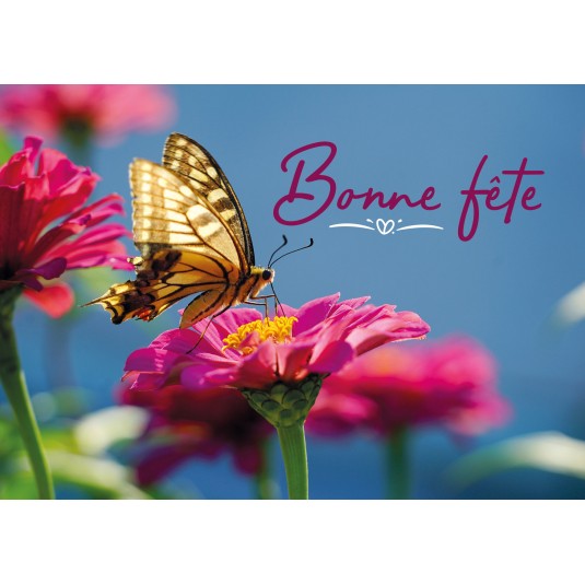 Carte Bonne Fête Papillon sur une fleur rose