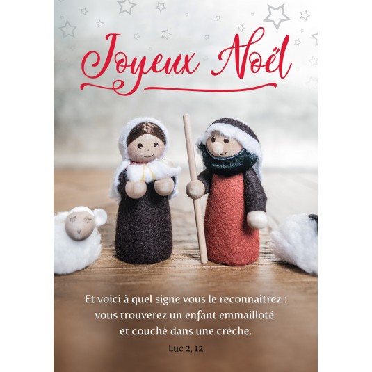 CARTE Fin d'année Figurine de crèche sur une table