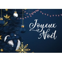 CARTE Fin d'année Branches de sapin et décorations de Noël sur fond bleu