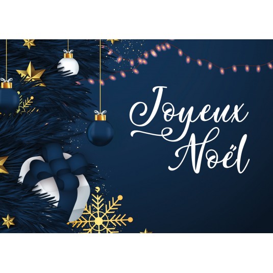 CARTE Fin d'année Branches de sapin et décorations de Noël sur fond bleu
