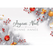 CARTE Fin d'année Branches de sapin blanches et décorations de Noël