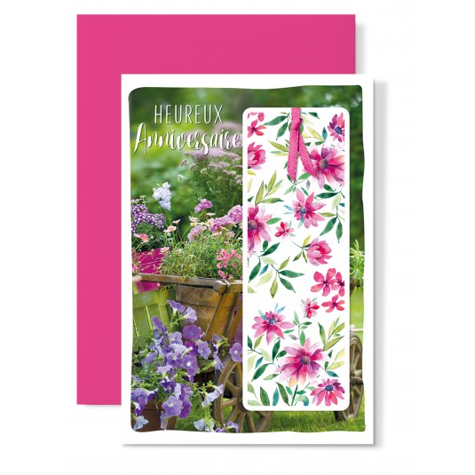 Carnet Anniversaire Brouette fleurie, marque page rose