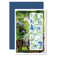 Carnet Anniversaire Brouette fleurie, marque page bleu