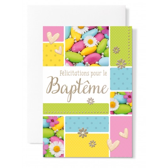 Carnet Baptême Dragées multicolores et fleurs 