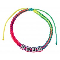 "Bracelet en textile arc-en-ciel avec les lettres ""WWJD"""