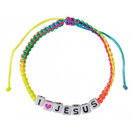 Bracelet en textile arc-en-ciel avec le "I love Jésus"