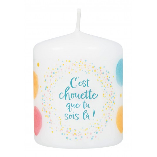 Petite  bougie de table avec motif pois et le "C'est chouette que tu sois là"