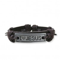 Bracelet en cuir brun, plaque métal "I love Jesus"