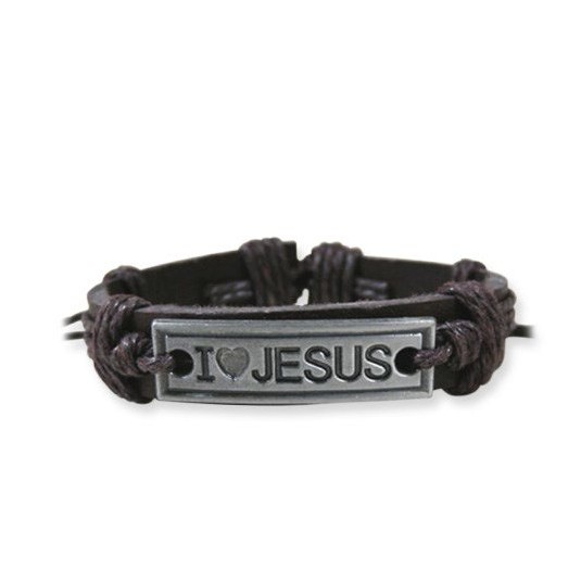 Bracelet en cuir marron foncé, plaque métal "I love Jesus"