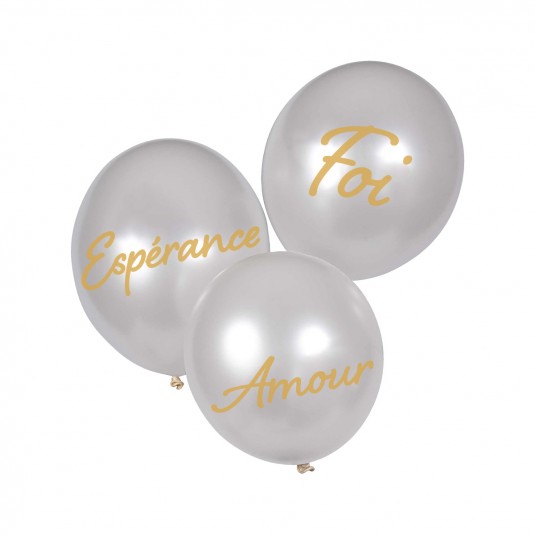 Lot de 12 ballons blanc/métallique "Foi, Amour, Espérance"