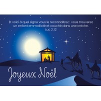 CARTE Fin d'année Crèche au loin dans un paysage de nuit