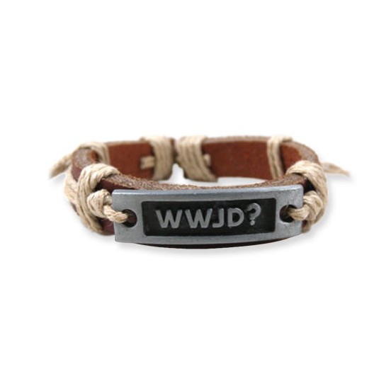 Bracelet en cuir brun, plaque métal "WWJD ?"