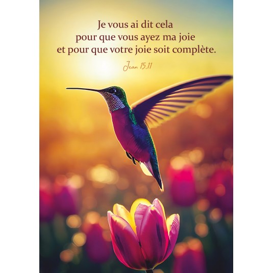 Carte avec verset Colibri au dessus de fleurs
