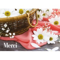 Carte Avec Message Panier de fleurs blanches sur tissu rose