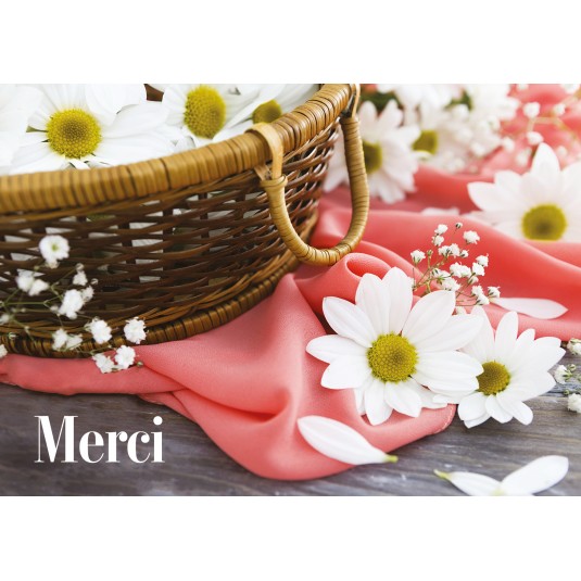 Carte avec message Panier de fleurs blanches sur tissu rose