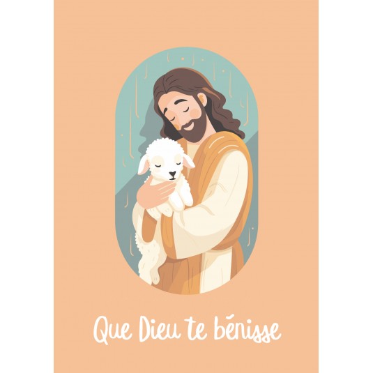 Carte avec message Dessin de Jésus tenant une brebis dans ses bras