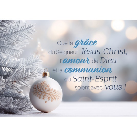 Carte Fin D'année Boule de Noël et branches de sapin enneigées