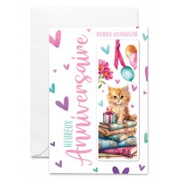 Carnet HA Marque-page chaton avec ruban rose, ballons et coeurs multicolores