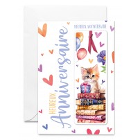 Carnet HA Marque-page chaton avec ruban bordeaux, ballons et coeurs multicolore