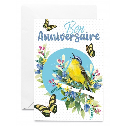 Carnet Ha Oiseau, fleurs et papillons sur fond bleu